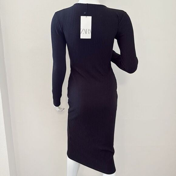 Zara Black Long Sleeve Ribbed Knit Button Down Midi Dress - Picture 4 of 6